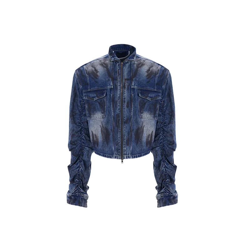 Wrinkles Sleeve Stand Neck Denim Jacket & Micro Flare Denim Jeans Setup