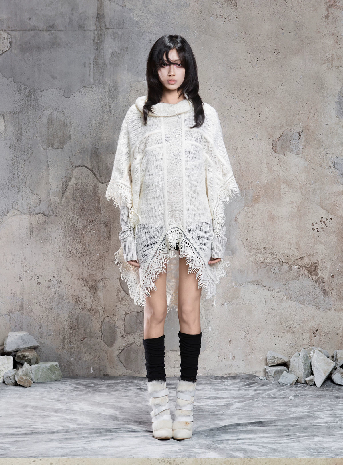 Punk Cross Cape Asymmetric Fringe Knit Sweater
