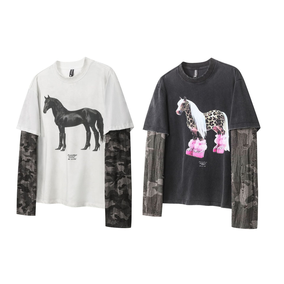 Leopard Horse Print Fake Layered Long Sleeve T-Shirt