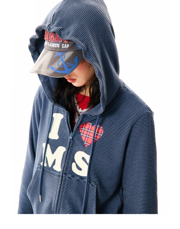 Heart Letter Print Stripe Cropped Zipper Hoodie