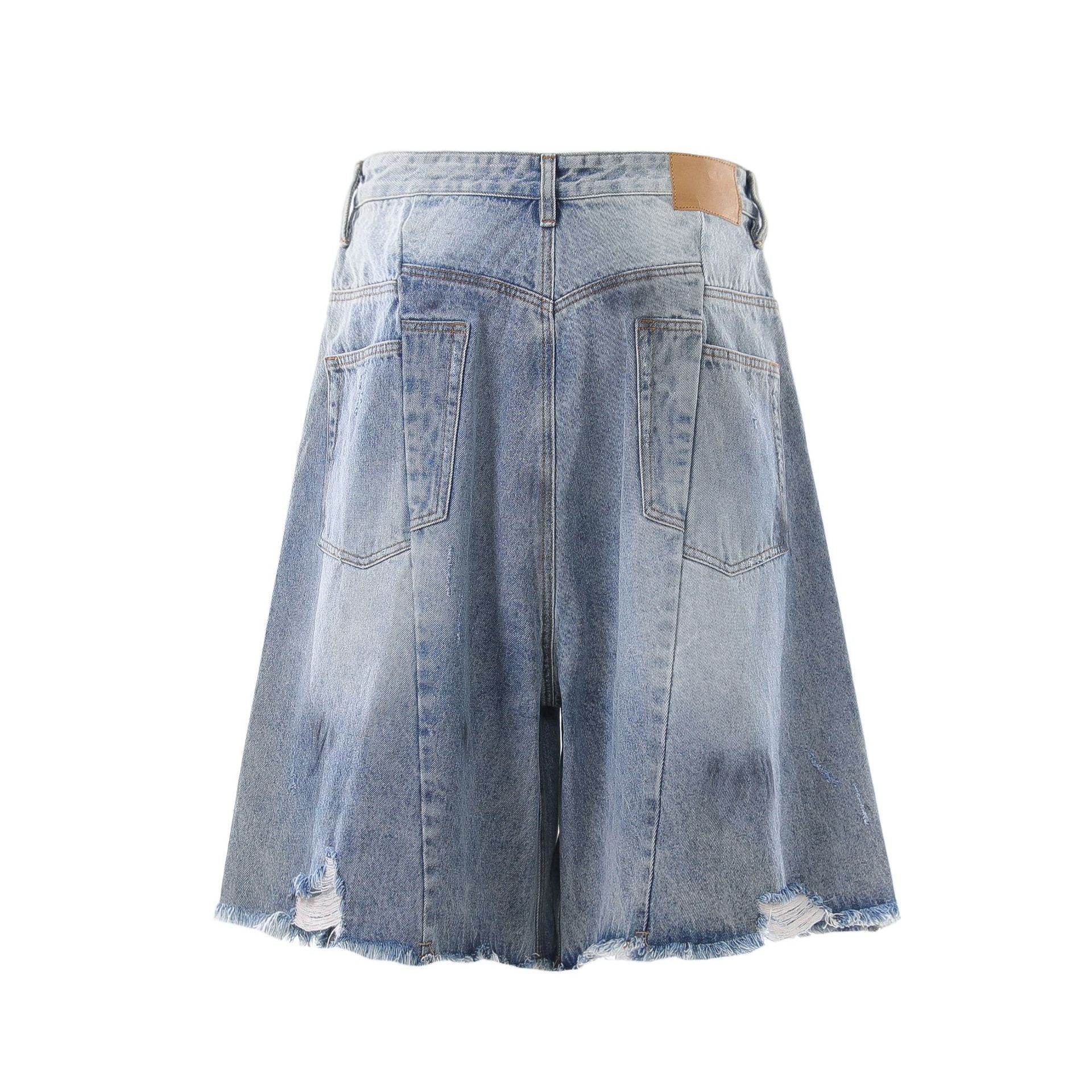 Whisker Washed Wide Leg Denim Jort