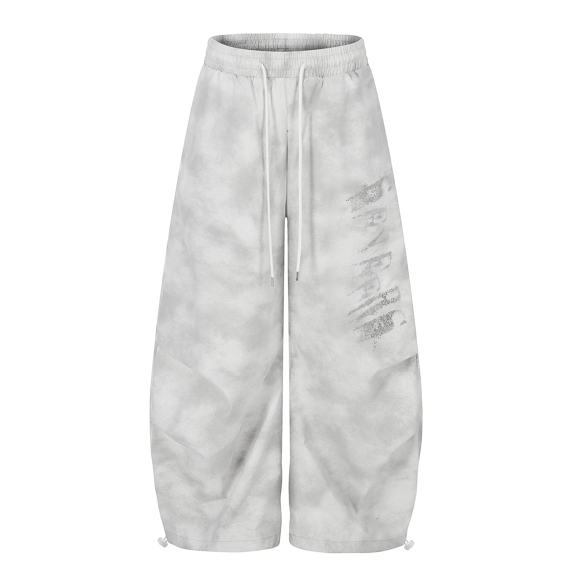 Washed Letter Print Drawstring Wide Leg Pants