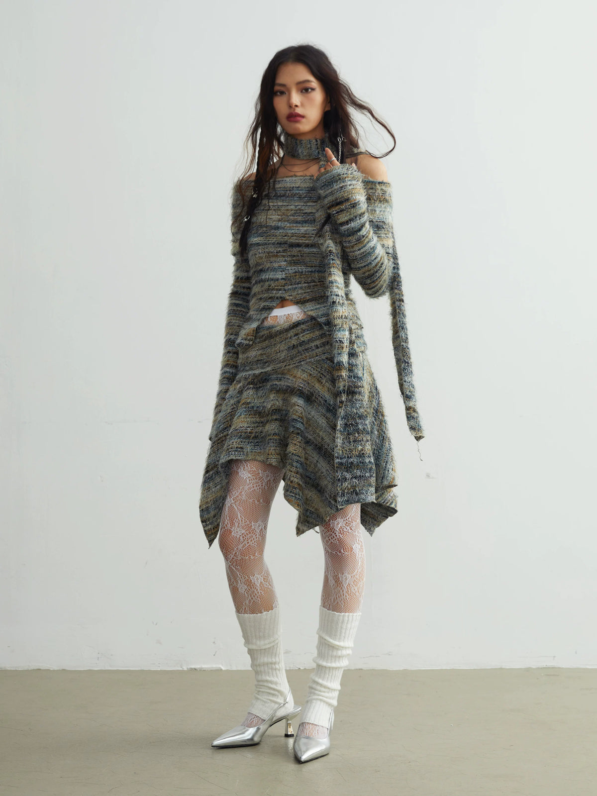 With Scarf Off Shoulder Knit Sweater & Irregular Hem Length Knit Skirt Setup