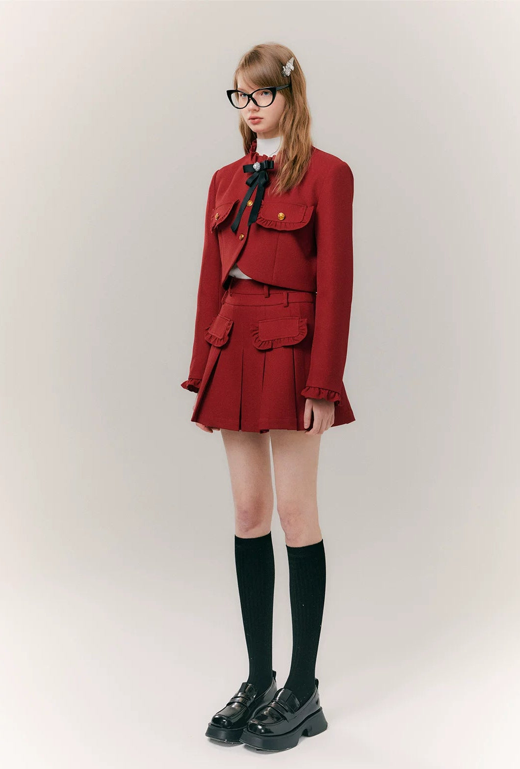 Red Bow-Knot Pleated Skirt & Blazer Jacket Setup