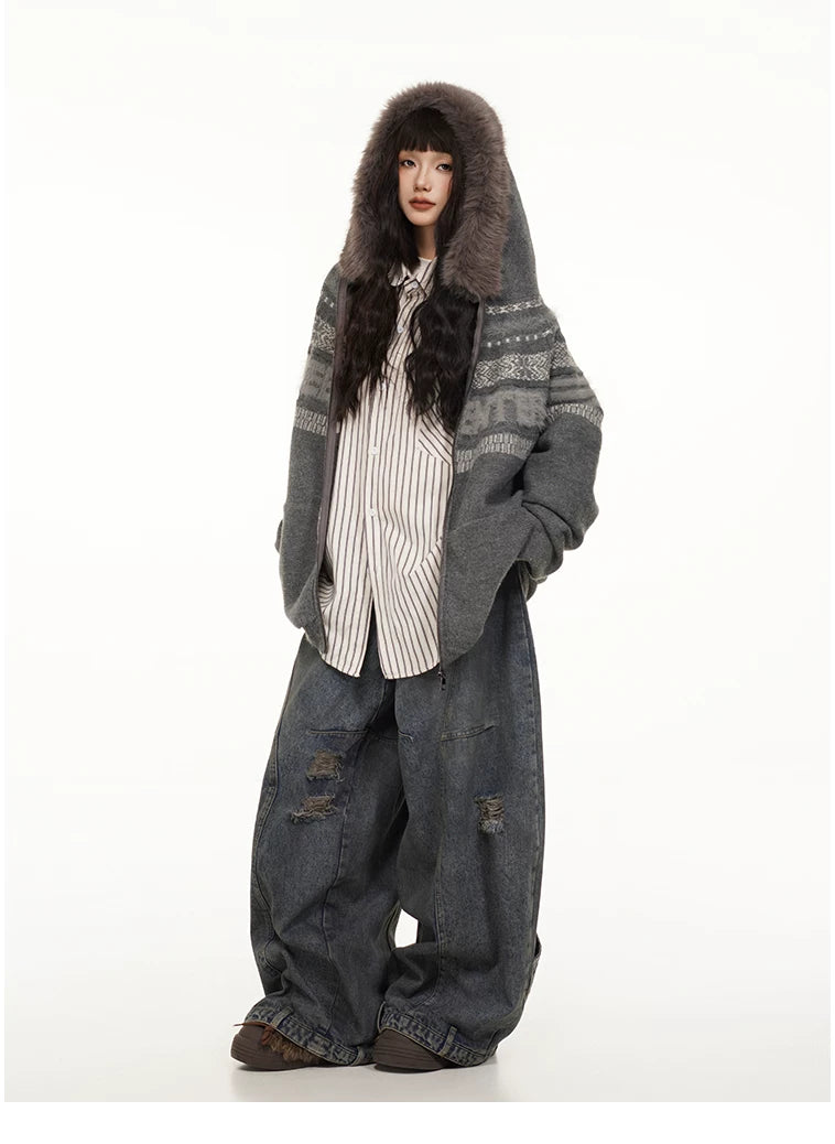 Fair Isle Hooded Detachable Fur Collar Knit Cardigan