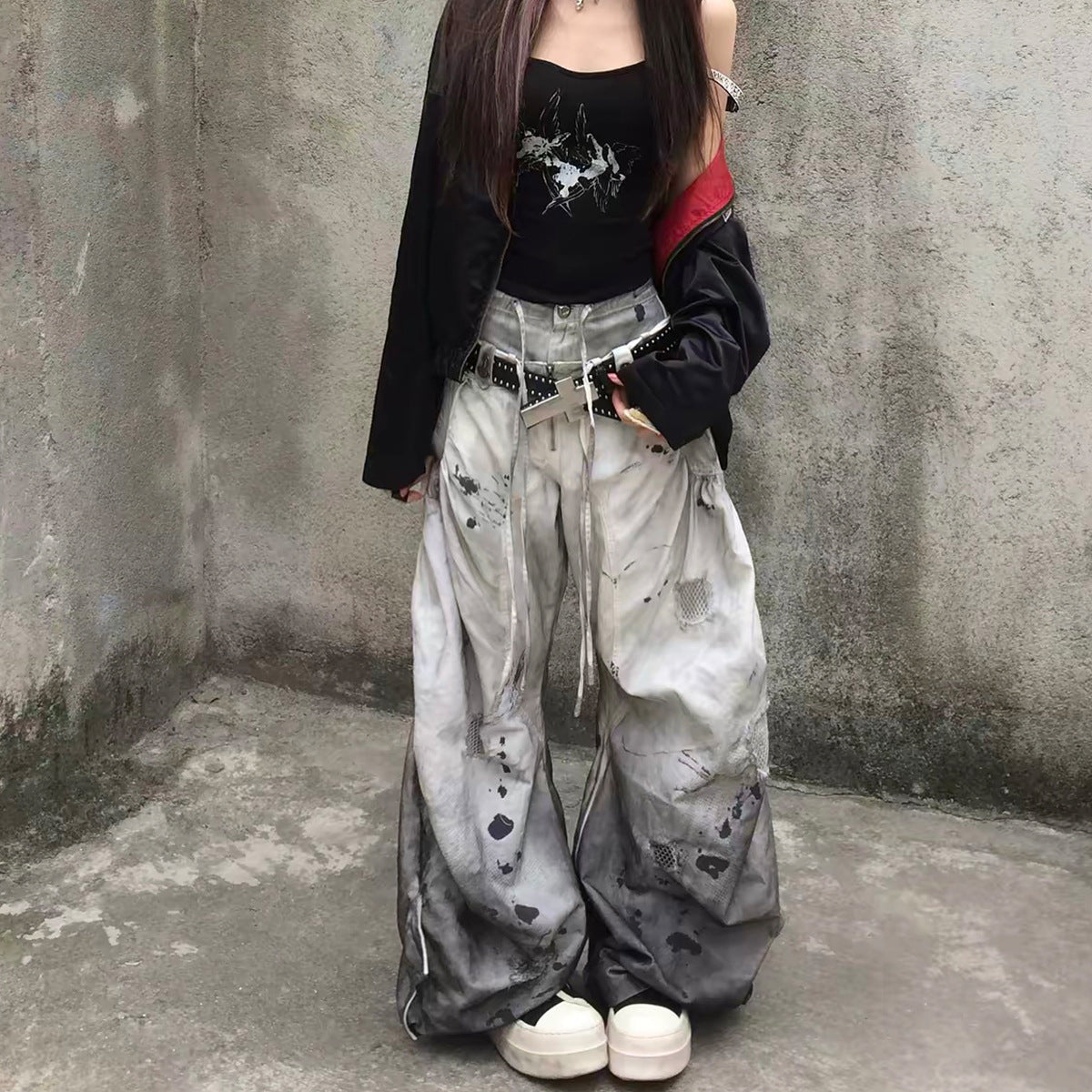 Gradient Washed Damage Double-Waist Wide Leg Pants