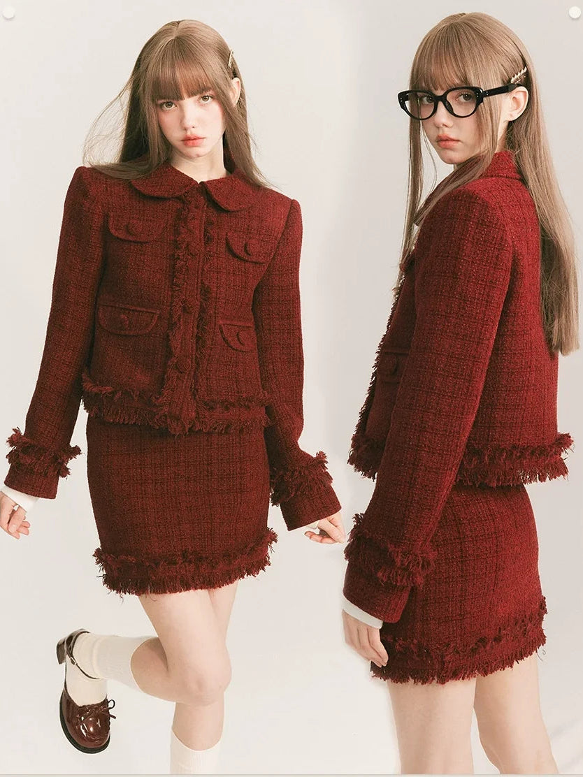 Round Collar Tweed Jacket & A-Line Tweed Skirt Setup