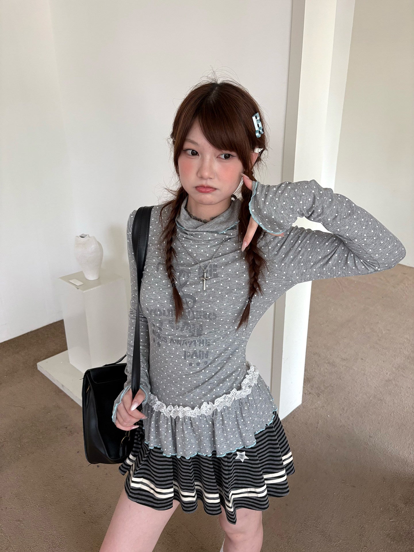 Polka Dot Lace High-Neck Long Sleeve T-Shirt