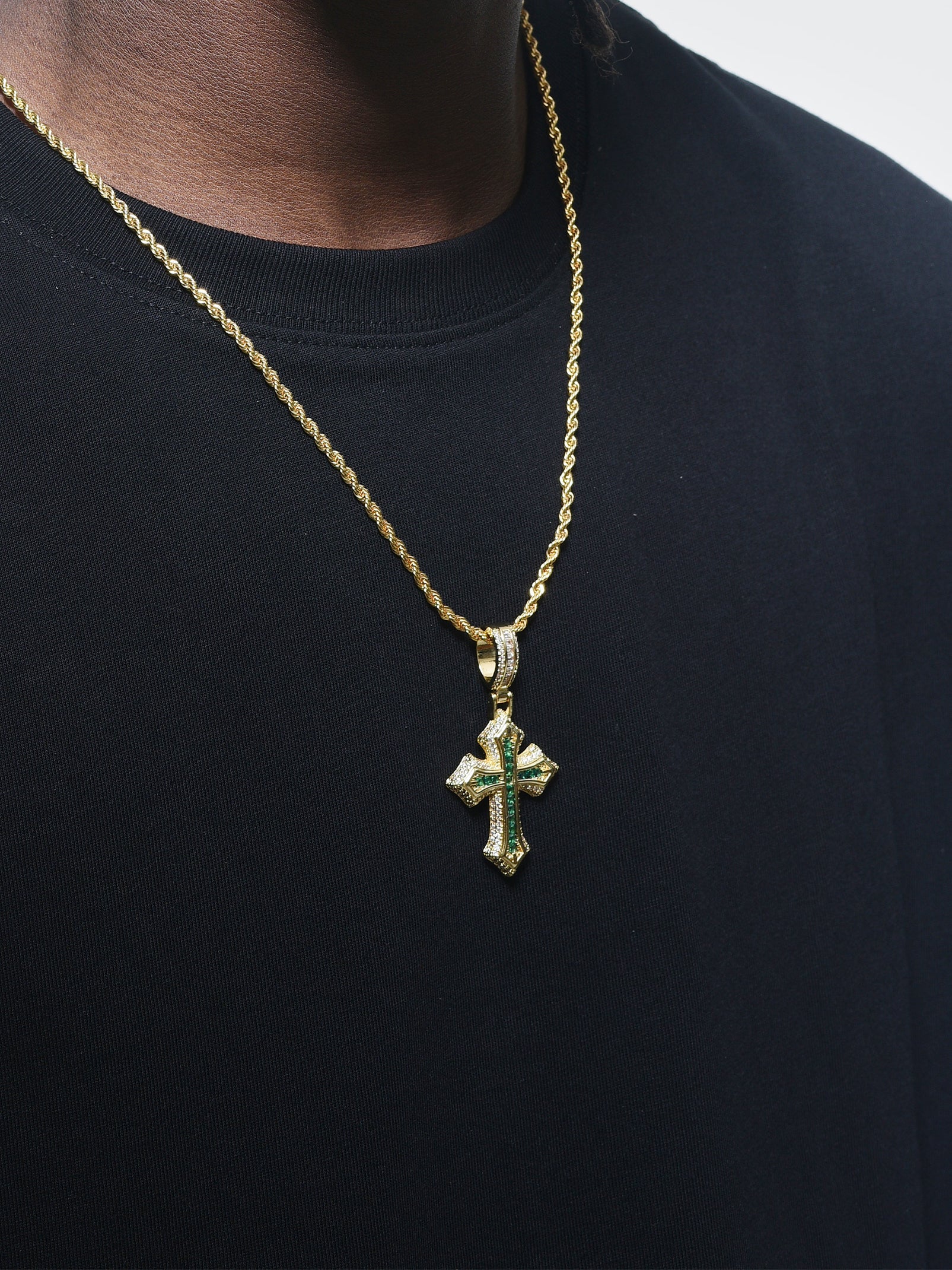 Gold Plated Cross Necklace With Green Zircon Diamonds