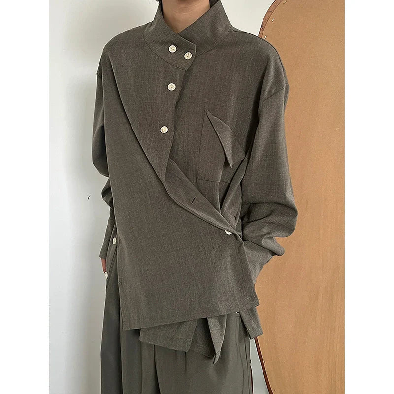 Standing-Collar Side Button Long Sleeve Shirt