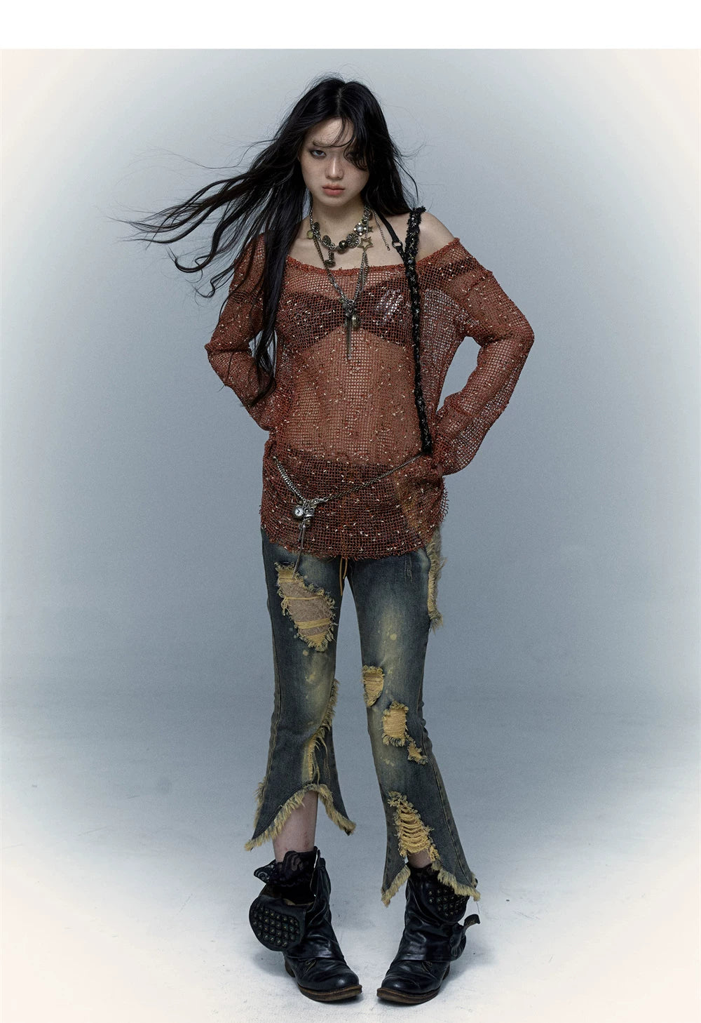 Damage Asymmetric Flare Denim Jeans