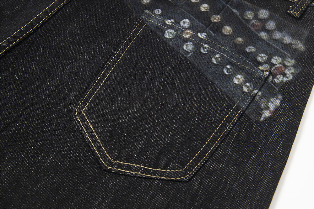 Badge Belt Print Wide Leg Half Denim Jeans