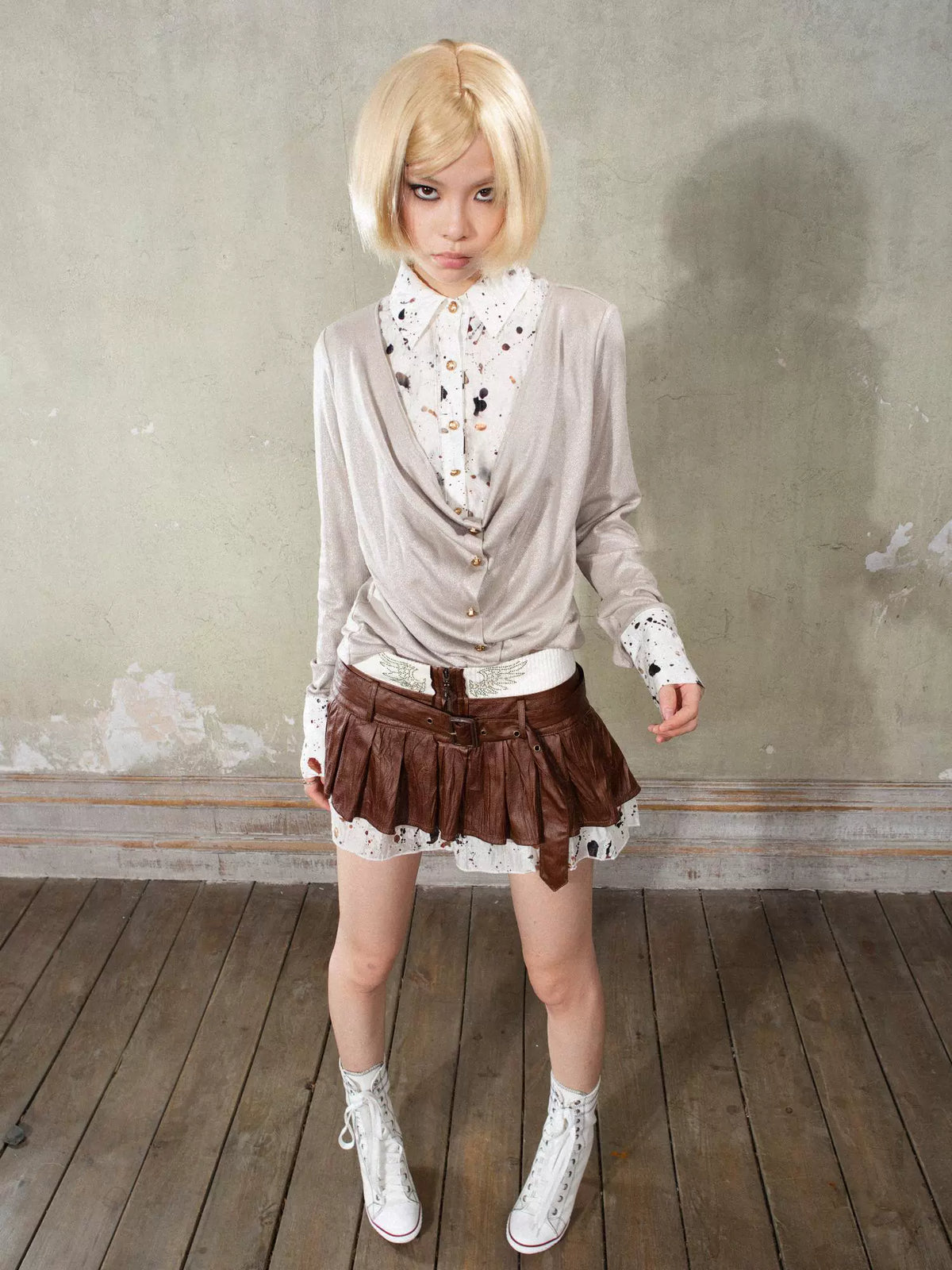 V-Neck Fake Layered Patchwork Long Sleeve Shirt