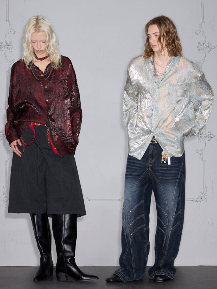 Glossy Wrinkle Texture Draped Leopard Print Long Sleeve Shirt