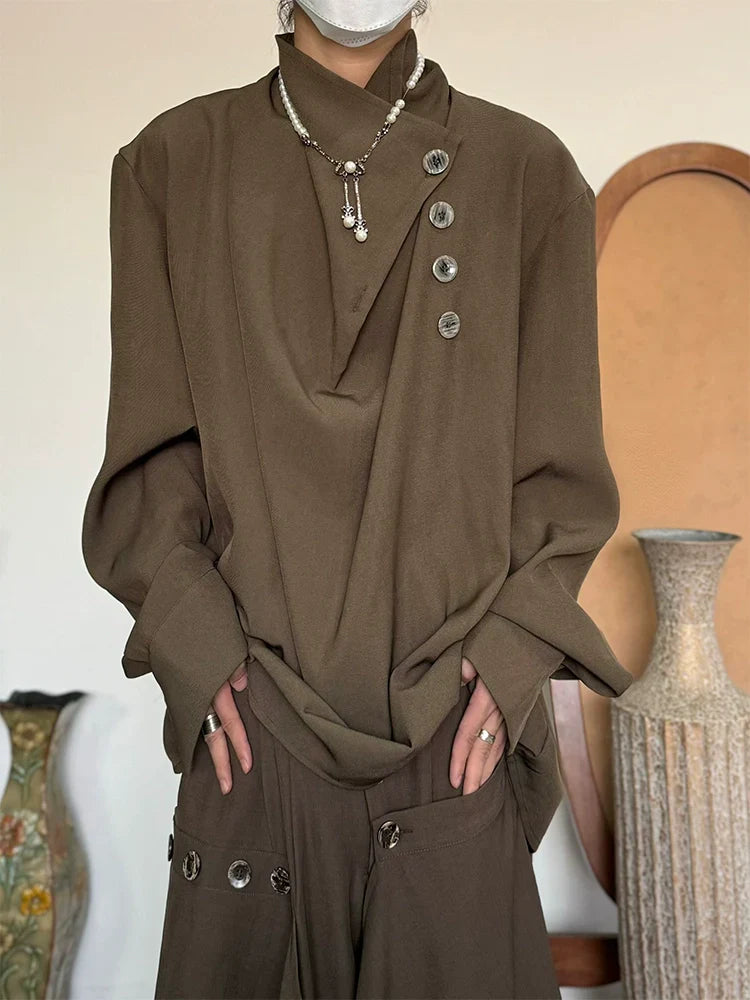 Standing-Collar Irregular Neckline Elegant Long Sleeve Shirt