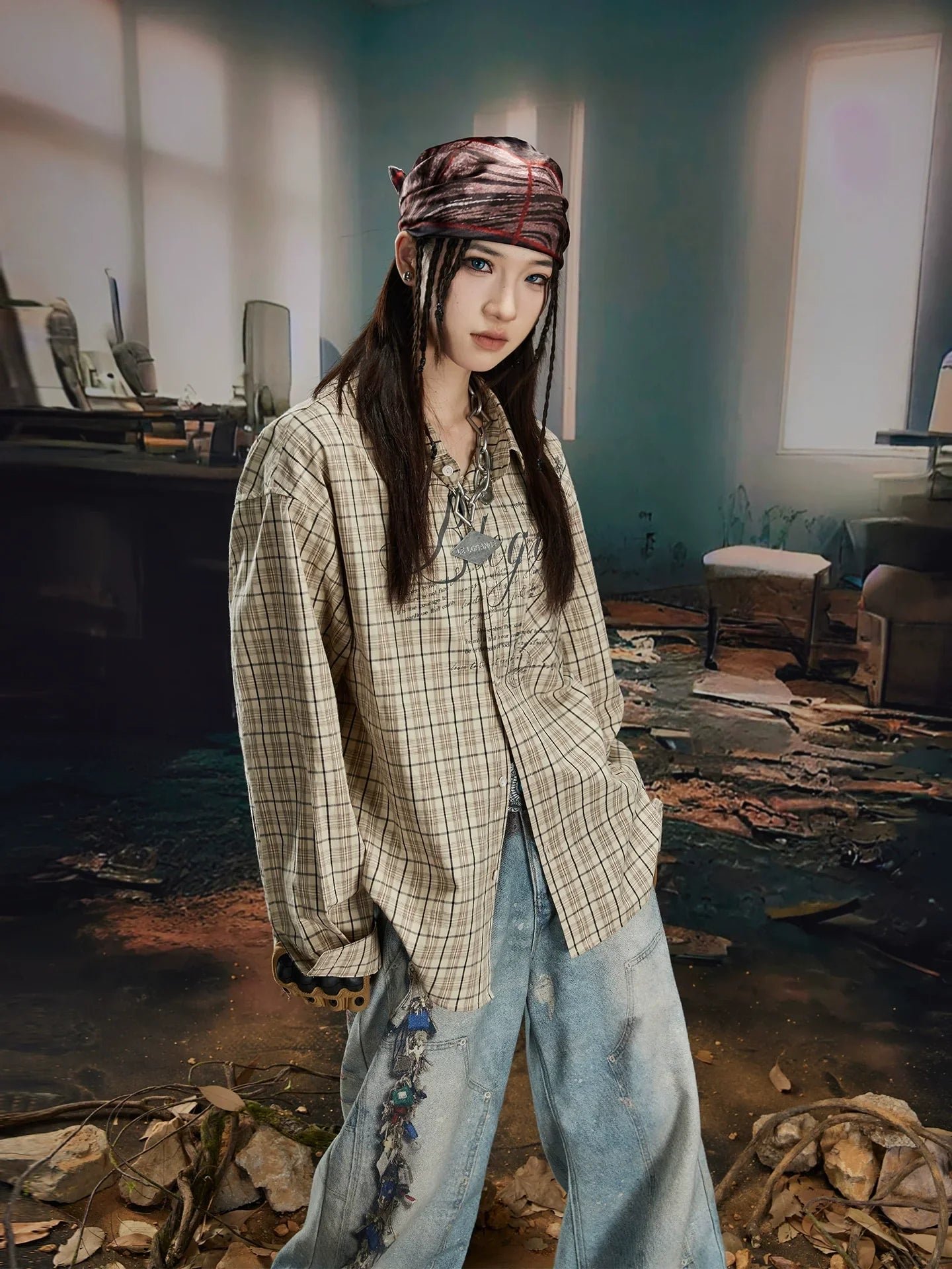 Print Oversize Plaid Long Sleeve Shirt