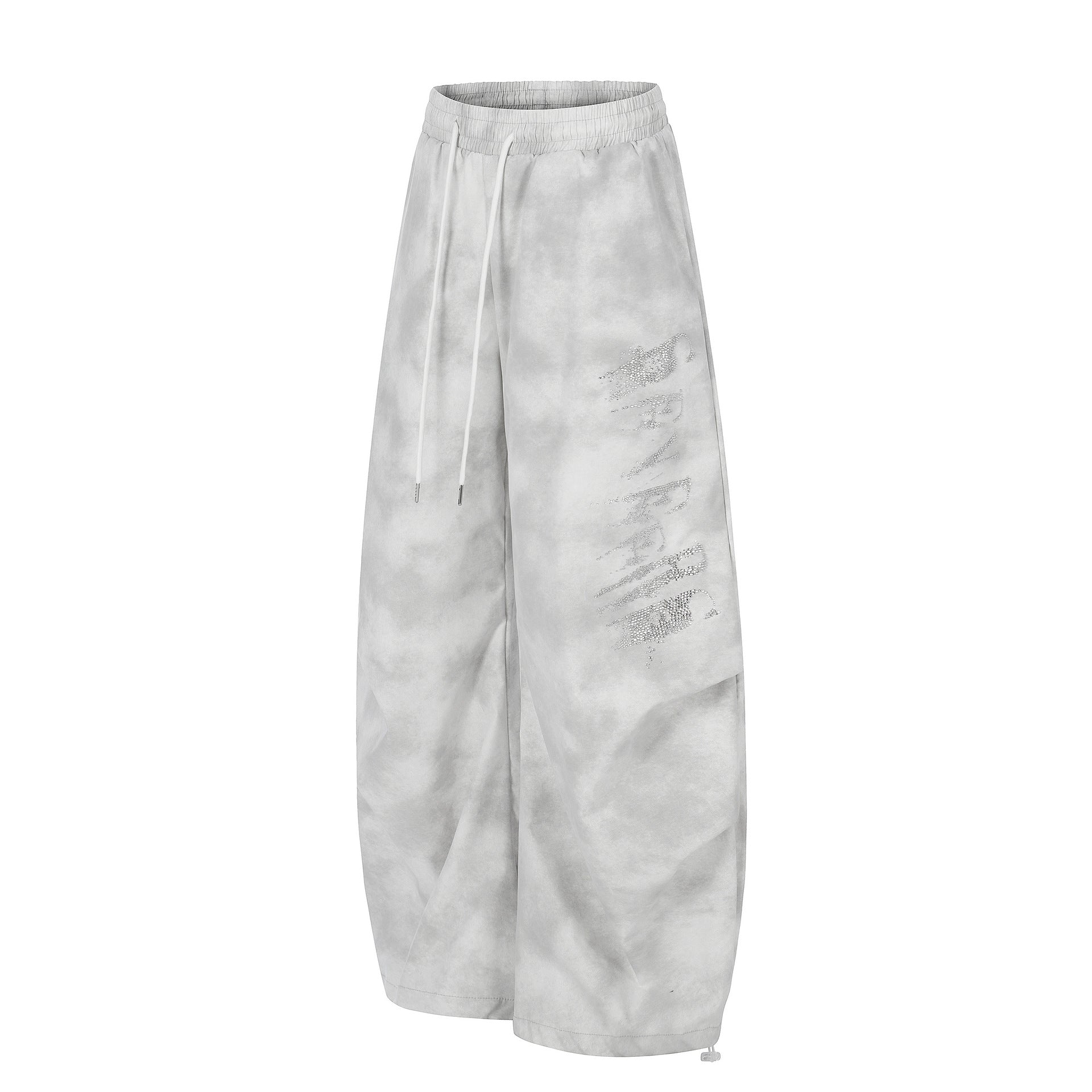 Washed Letter Print Drawstring Wide Leg Pants