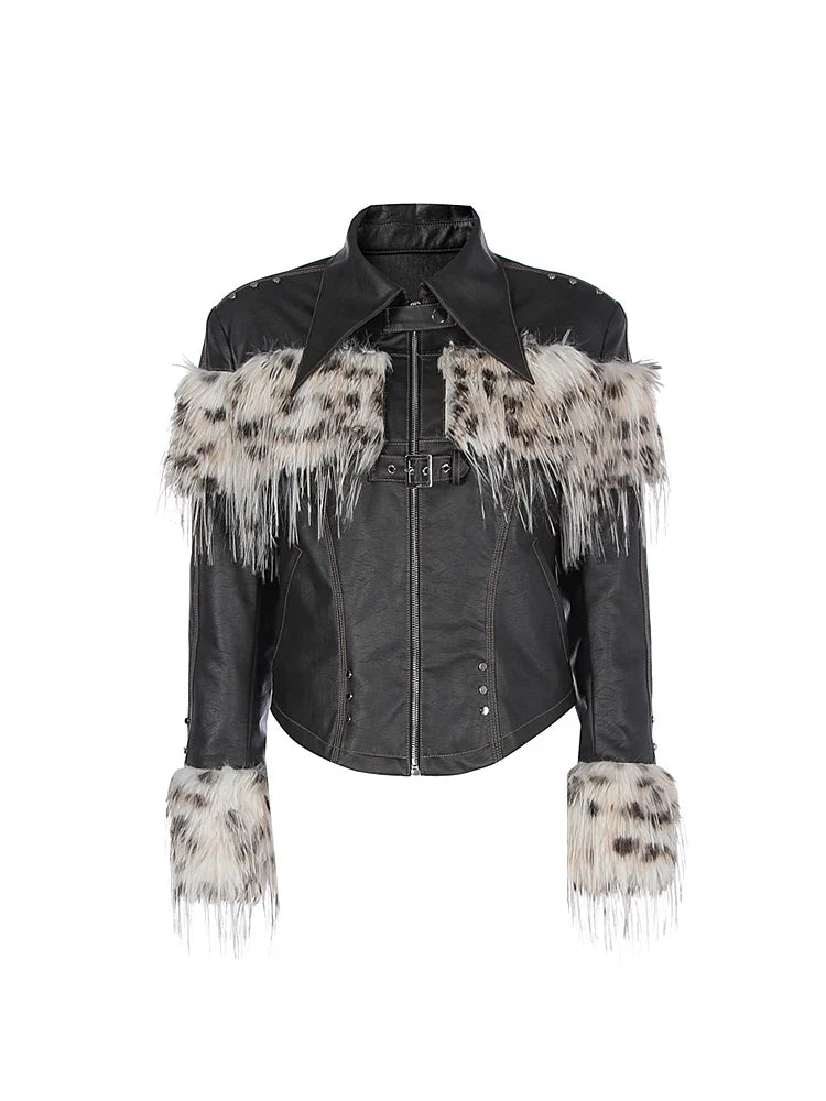 Fake Fur Patchwork Lined Thick PU Leather Jacket