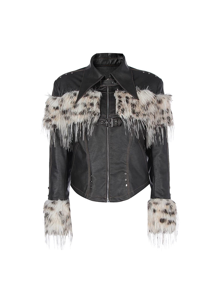 Fake Fur Patchwork Lined Thick PU Leather Jacket