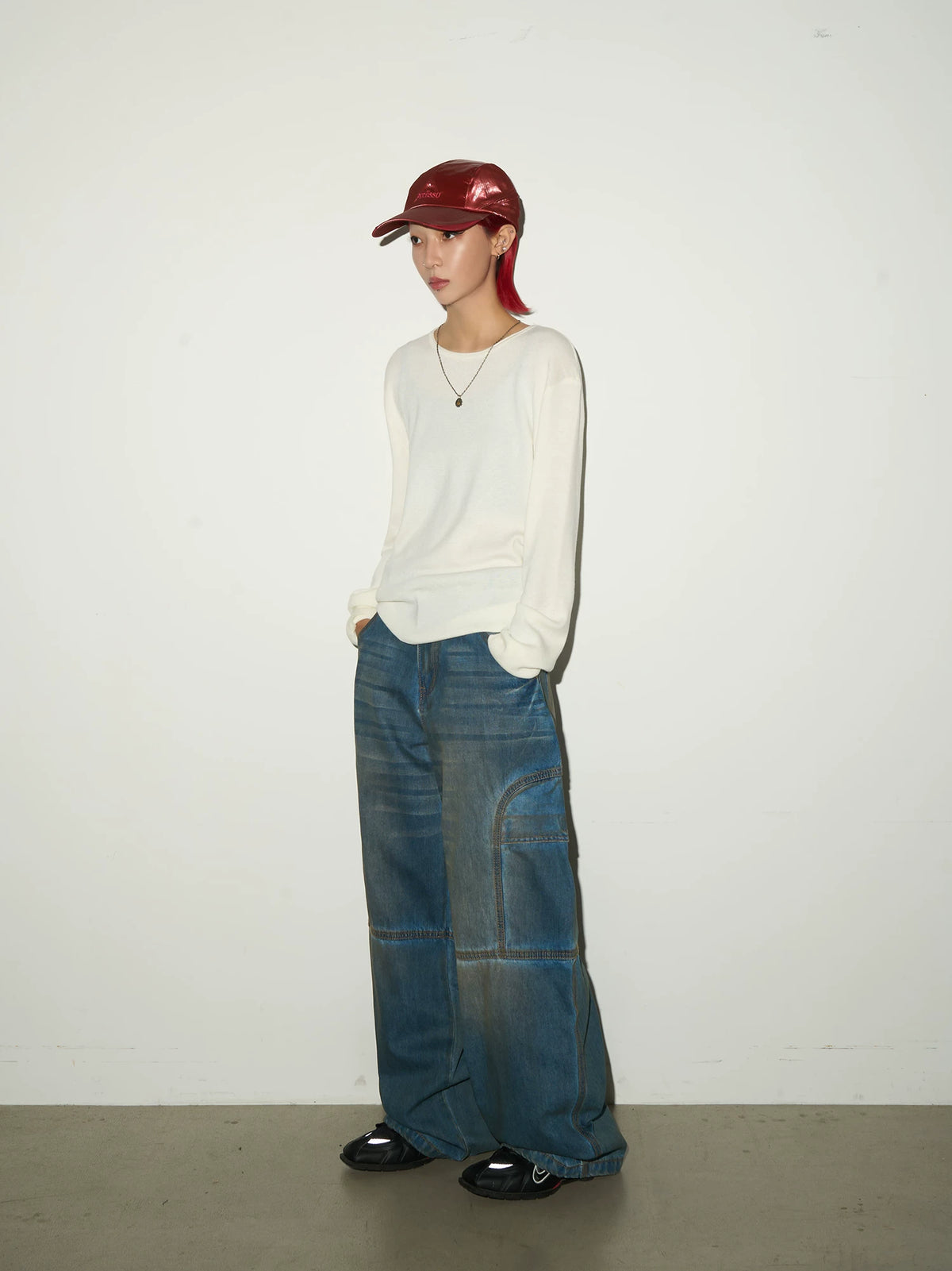 Washed Panel Strap Detail Wide Leg Denim Jeans