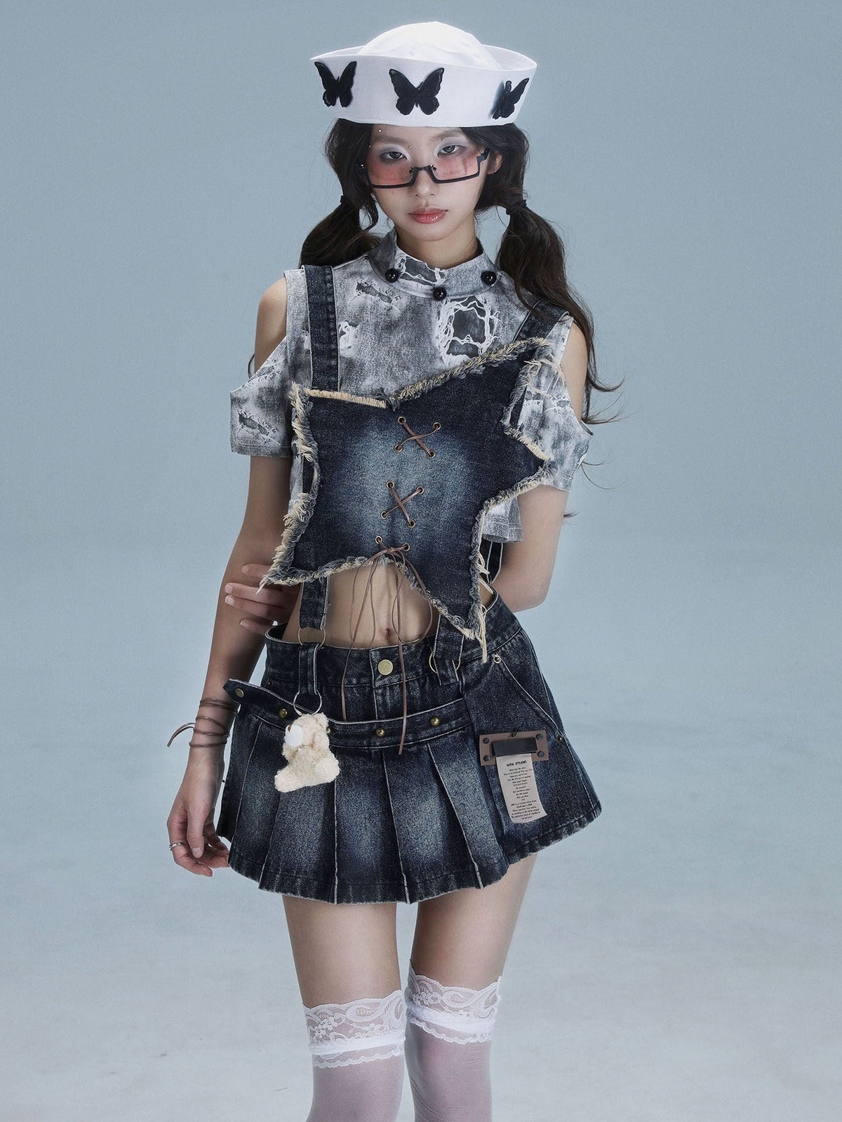 Detachable Washed Suspender Denim Short Skirt & Inner Shirts Set