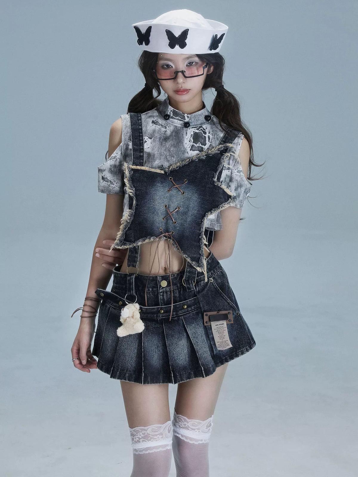 Detachable Washed Suspender Denim Short Skirt & Inner Shirts Set