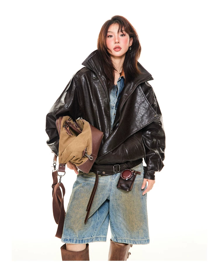 Asymmetrical Stand Collar PU Leather Jacket
