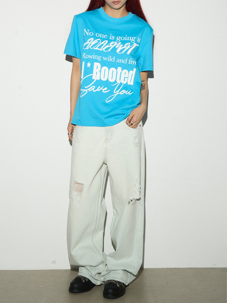 Damage Washed Wide Leg Denim Jeans