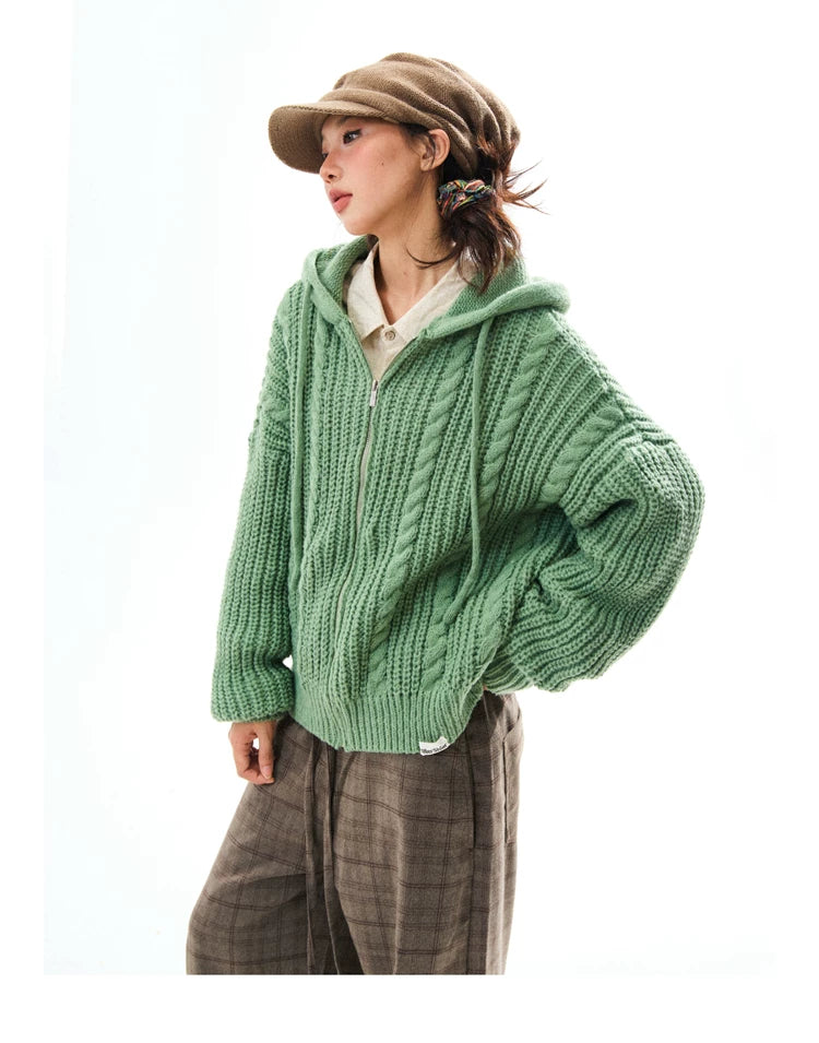 Chunky Knit Zipper Hooded Oversize Cardigan