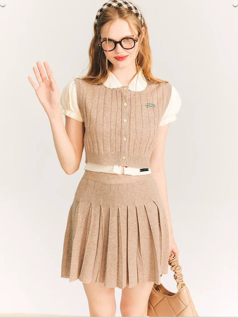 Button Knit Vest & Knit Pleated Skirt Setup