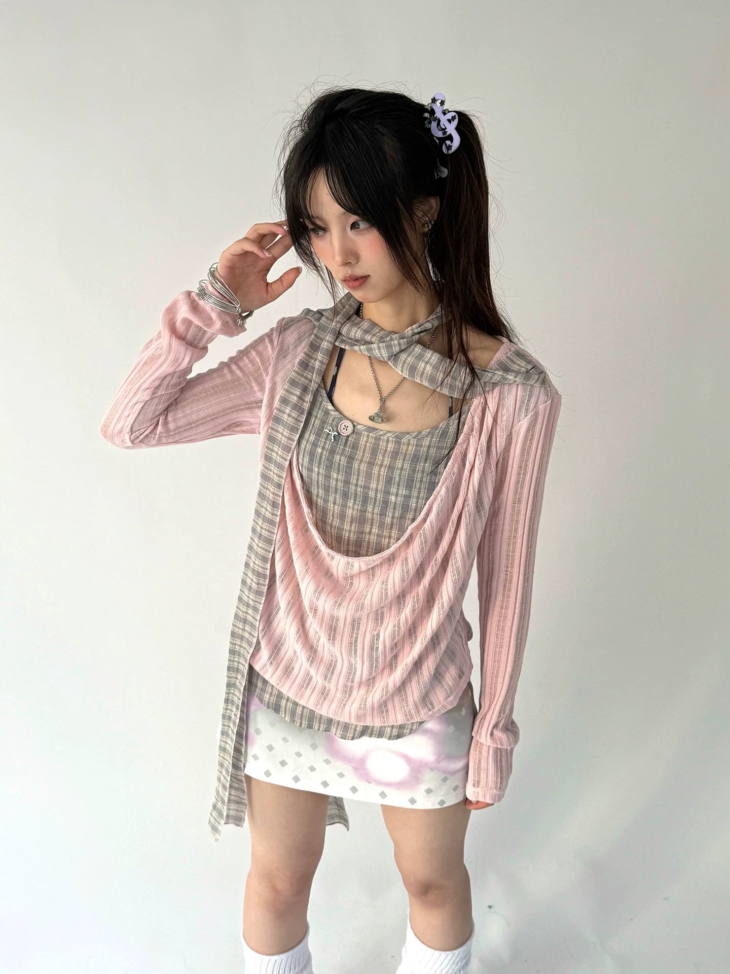 Plaid Ripped Fake Layered Long Sleeve T-Shirt