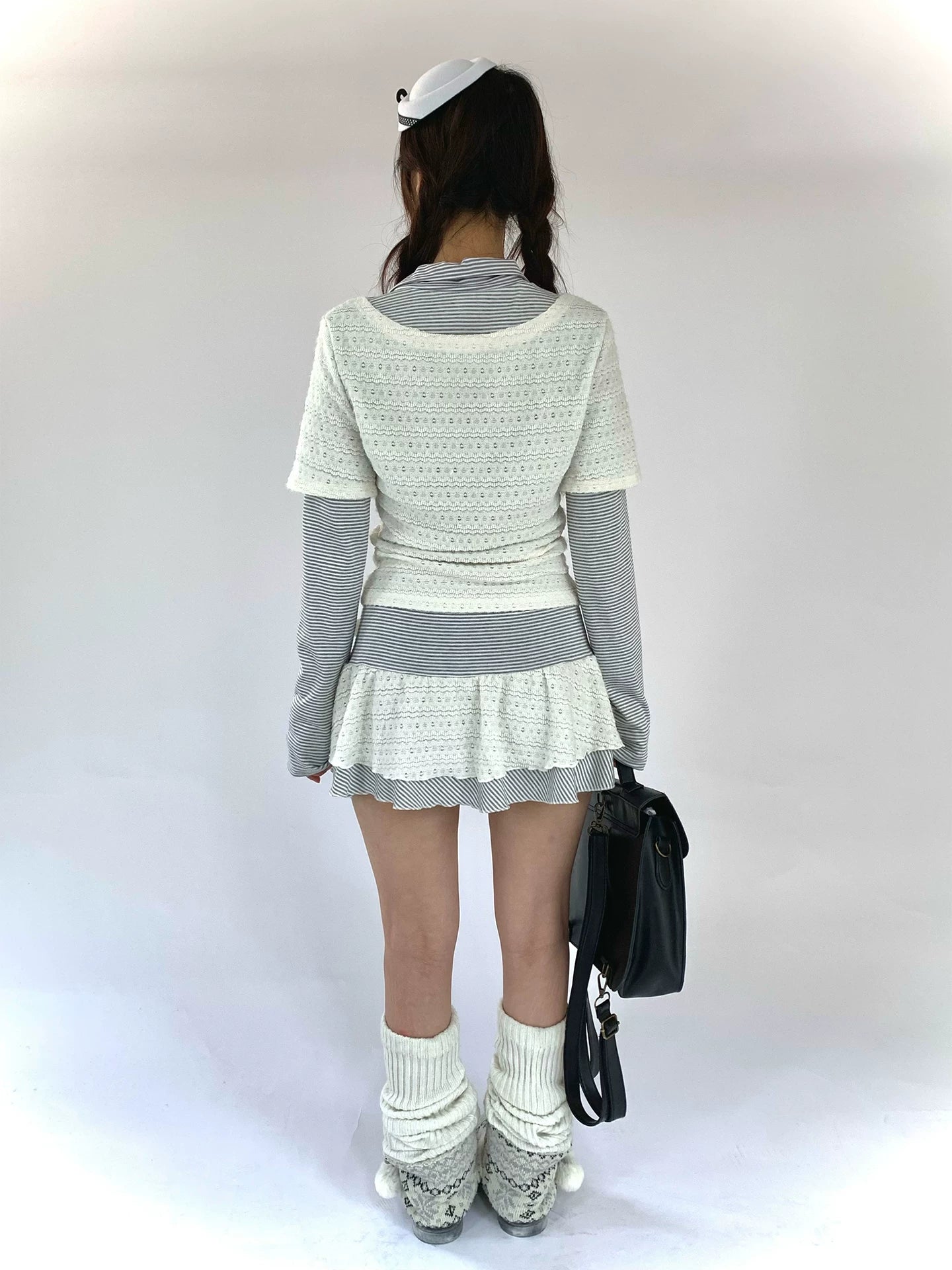 Fake Layered Striped Ruffle A-Line Dress