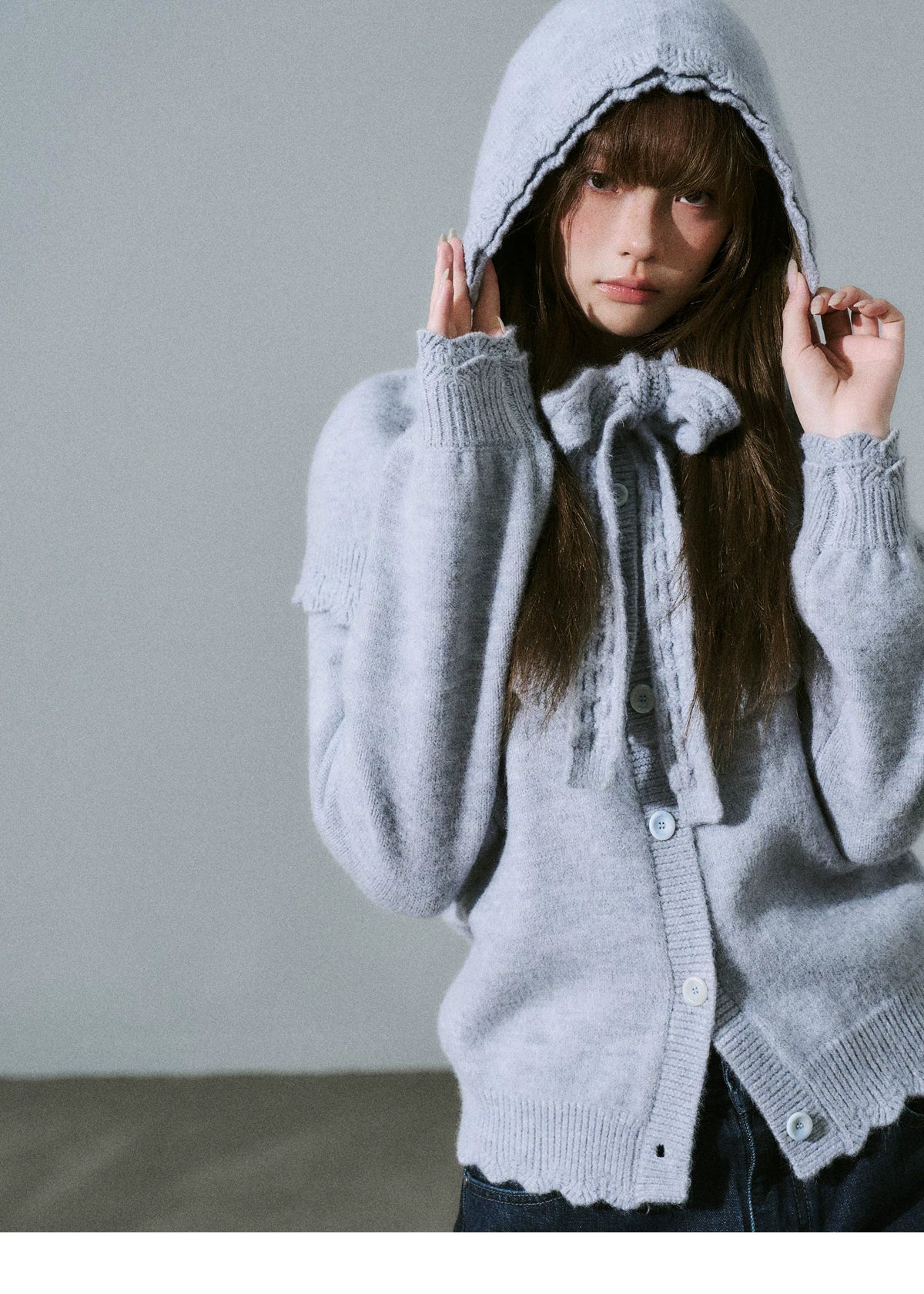 Ruffled Collar And Bow Detail Knit Cardigan