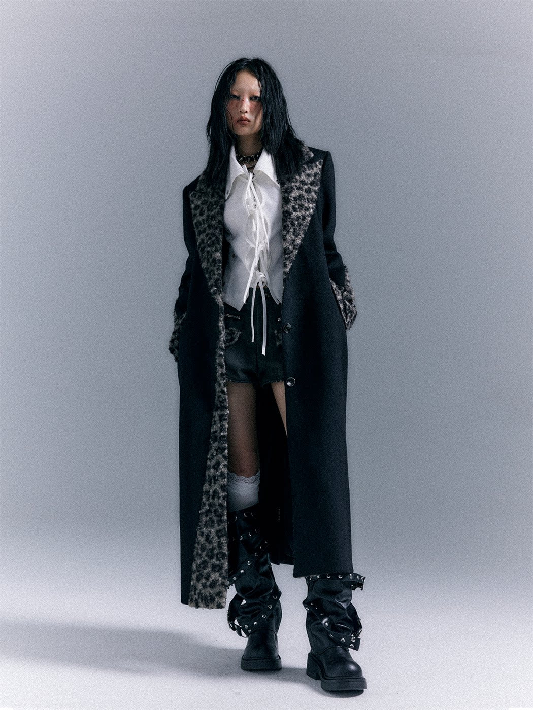 Shoulder Pad Leopard Print Patchwork Wool Coat