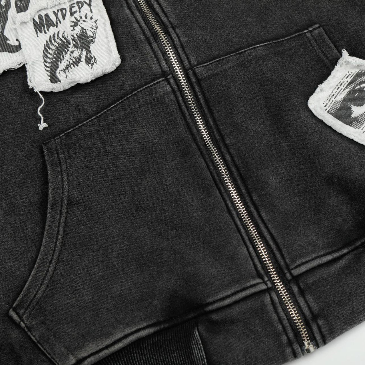 Washed Patch Logo Print Zipper Hoodie