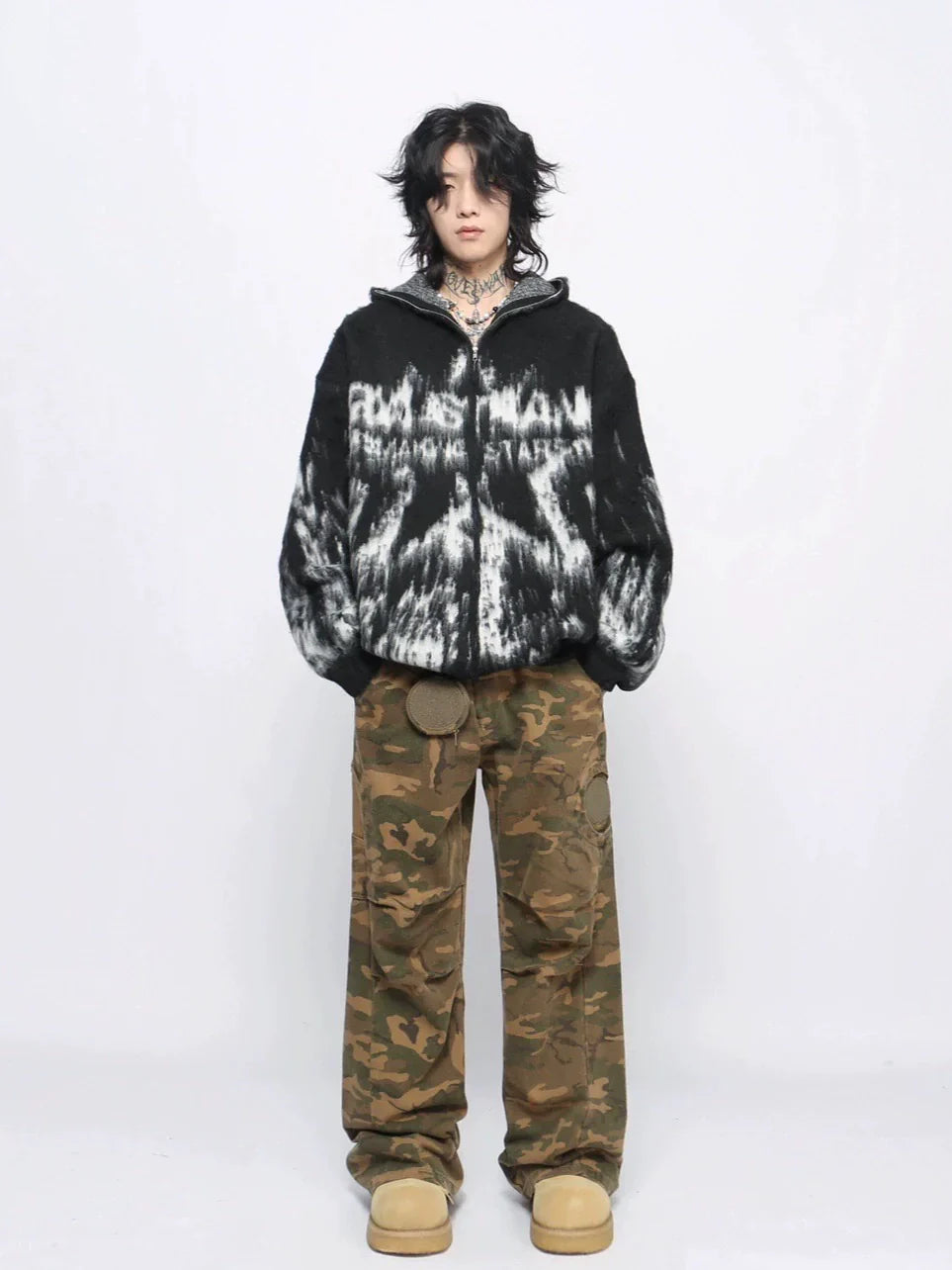 Oversize-Strickjacke mit Kapuze und Zottel