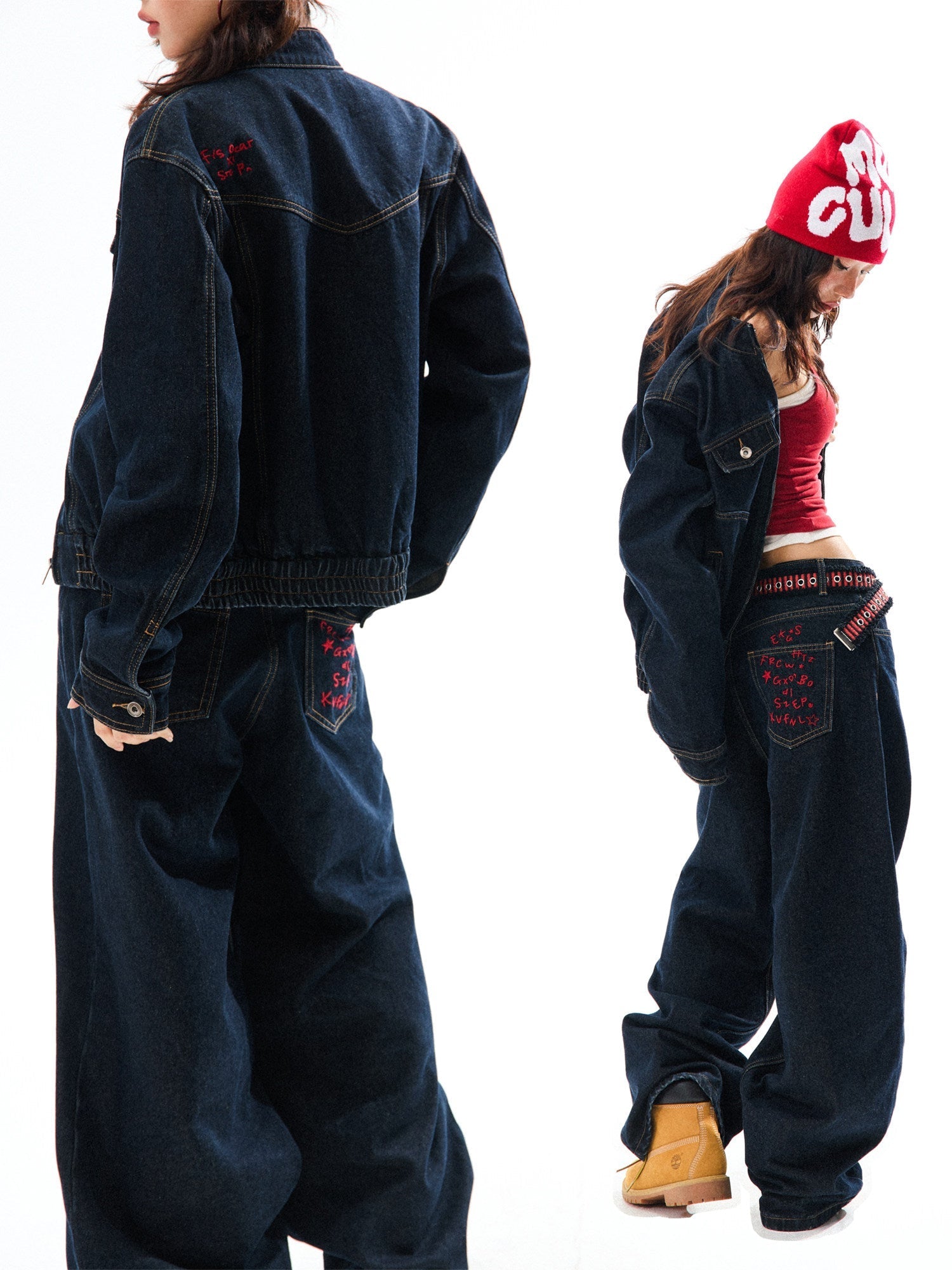 Embroidered Cropped Denim Jacket & Wide-Leg Denim Jeans Setup