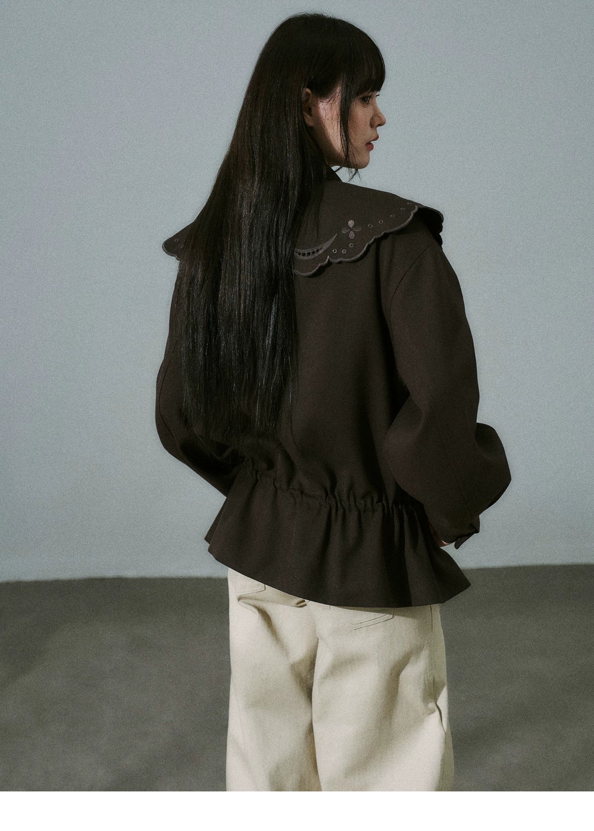 Embroidery Collar Drawstring Waist Double-Breasted Jacket