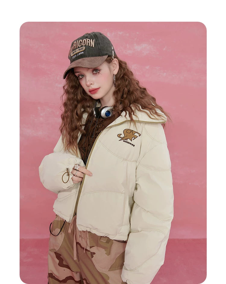 Letter Print High-Neck Short White Duck Down Jacket