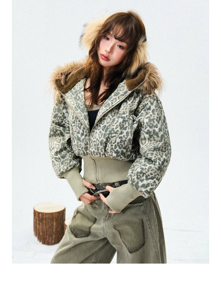 Leopard Print Fur-Trim Hood Puffer Jacket