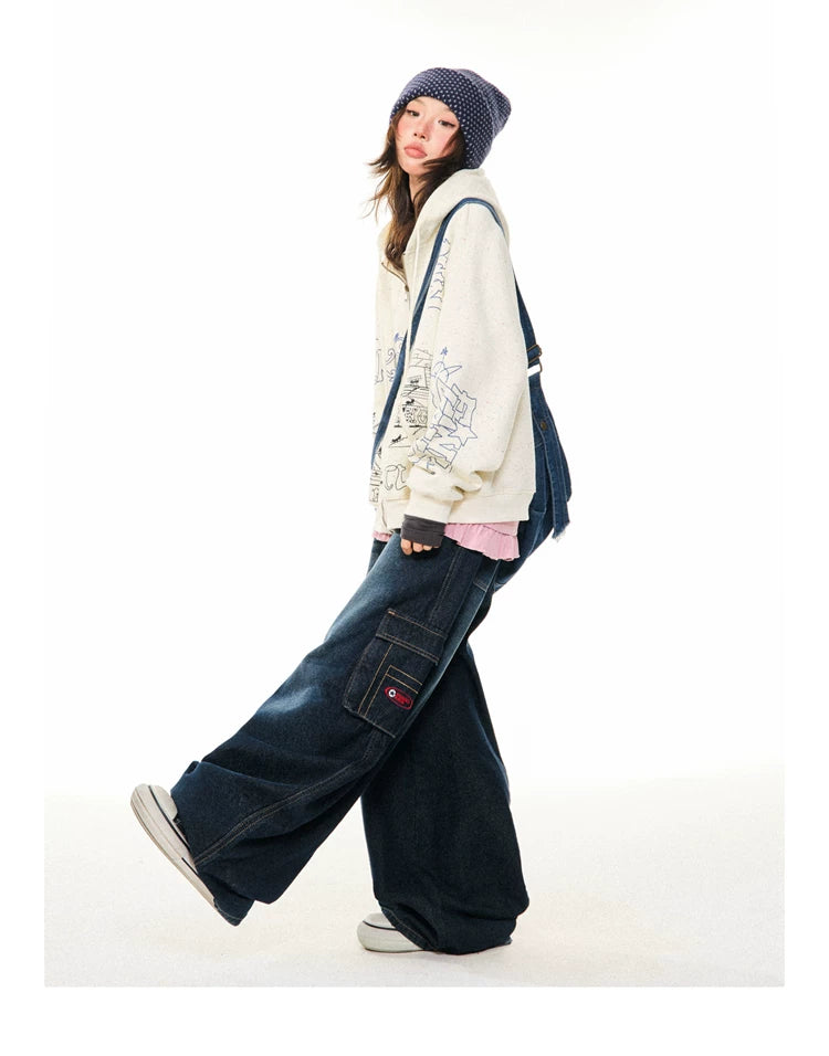 Graphic Print Oversize Zipper Hoodie