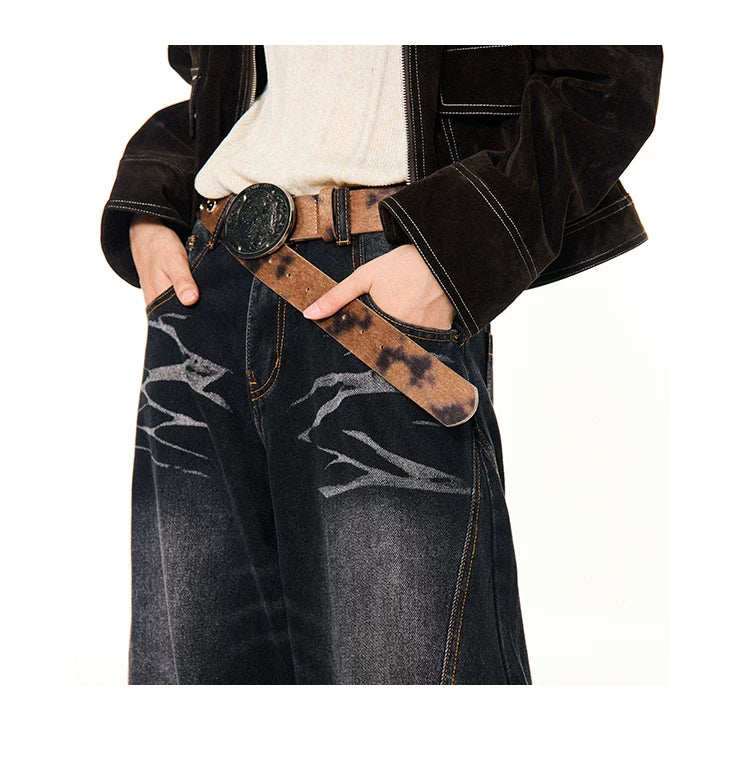Washed Scratch Detail Wide Leg Denim Jeans