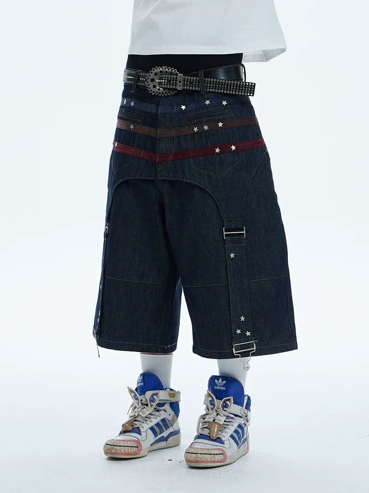 Star Rivet Suede Patchwork Raw Short