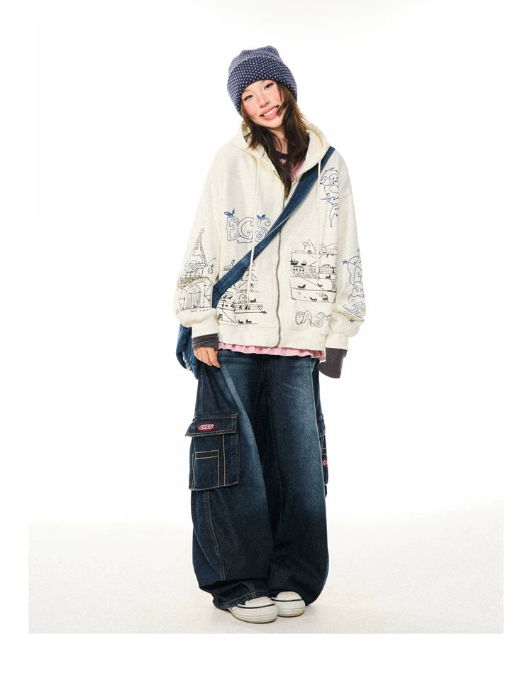 Graphic Print Oversize Zipper Hoodie