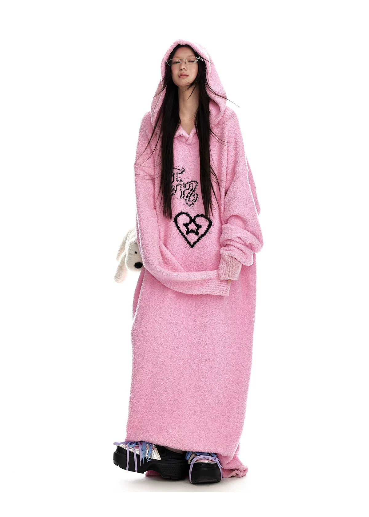 Fuzzy Hooded Knit Sweater Dress