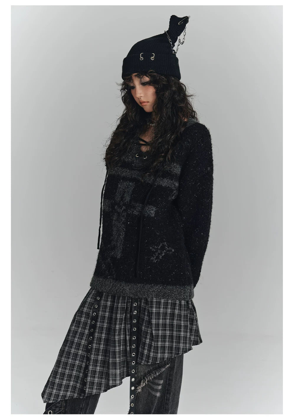 Cross Detail Drawstring Oversize V-Neck Knit Sweater