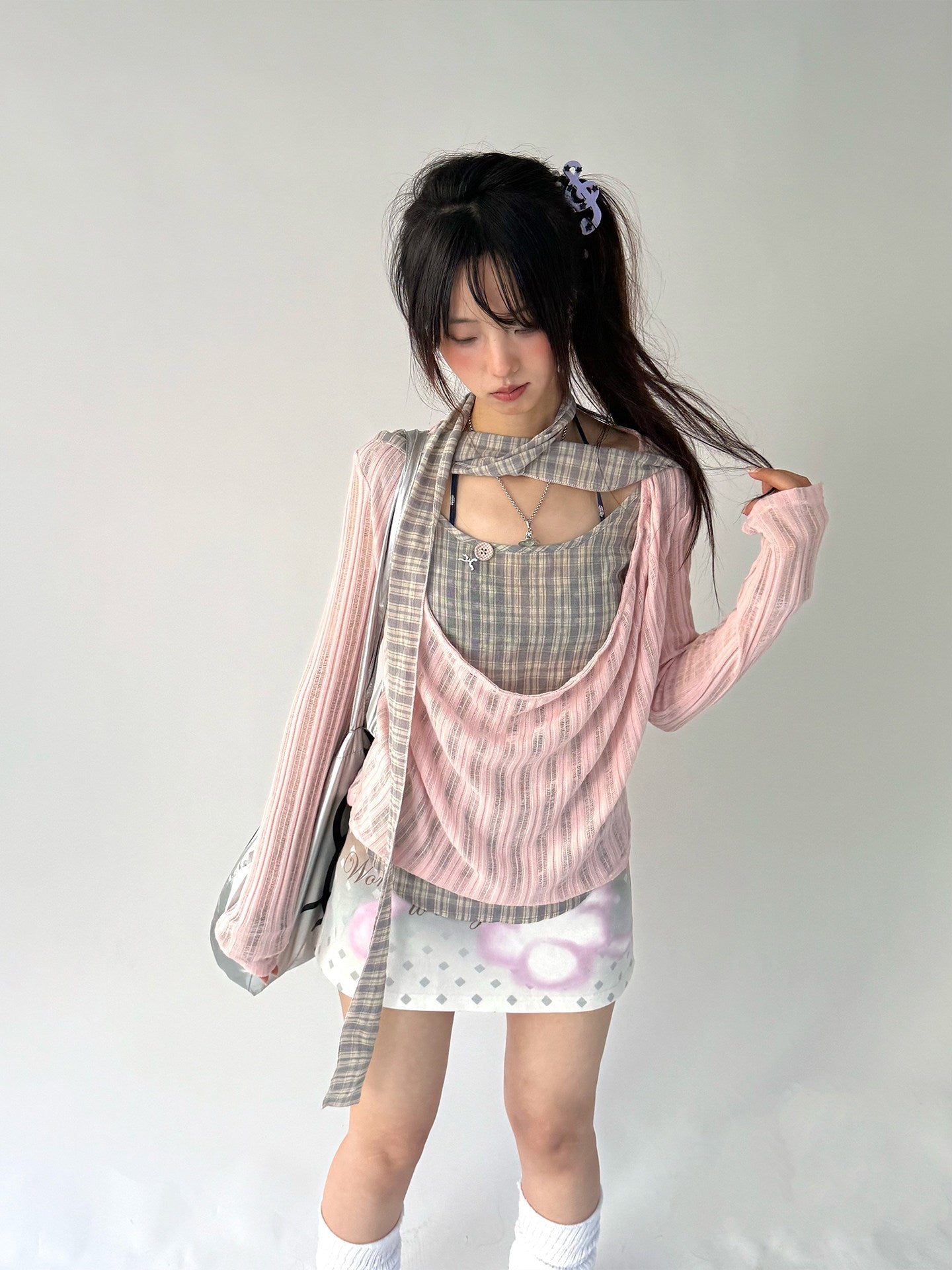 Plaid Ripped Fake Layered Long Sleeve T-Shirt