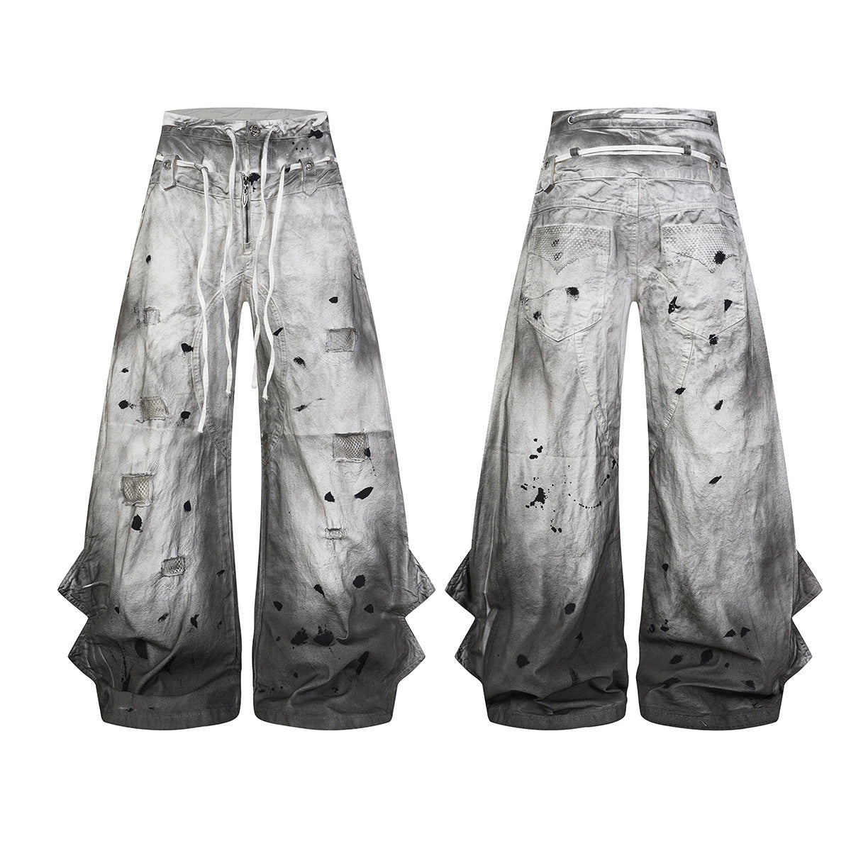 Gradient Washed Damage Double-Waist Wide Leg Pants