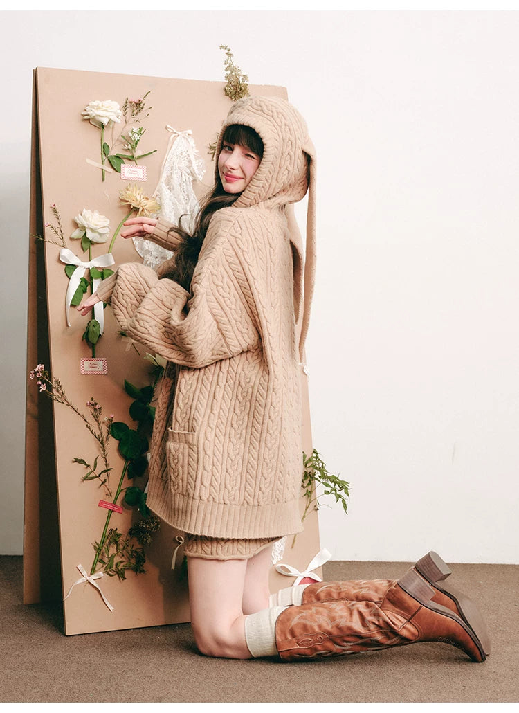 Bunny Hare Ear Hooded Zipper Knit Cardigan & Knit Skirt Setup
