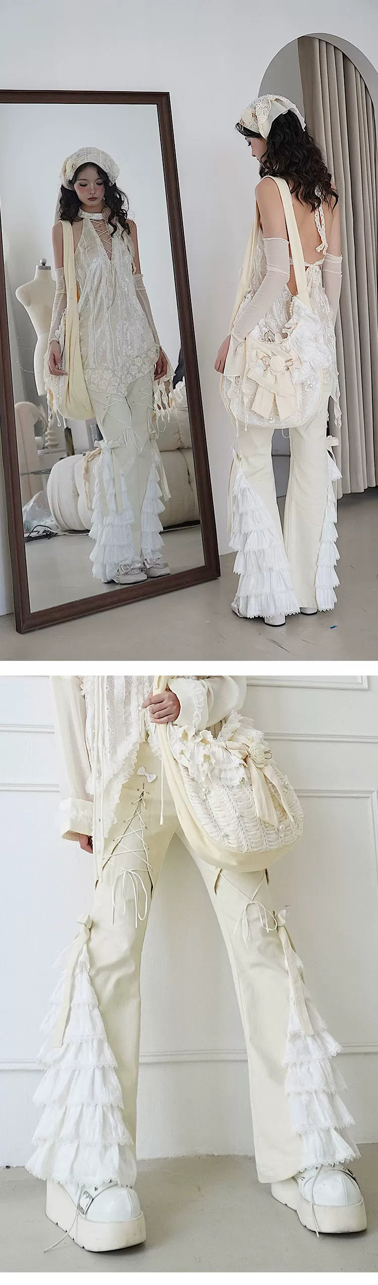 Lace-Trim Ruffle Long Pants